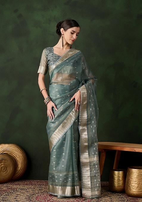 Green Woven Organza Saree Set
