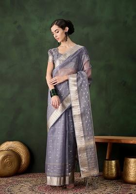 Grey Woven Organza Saree Set