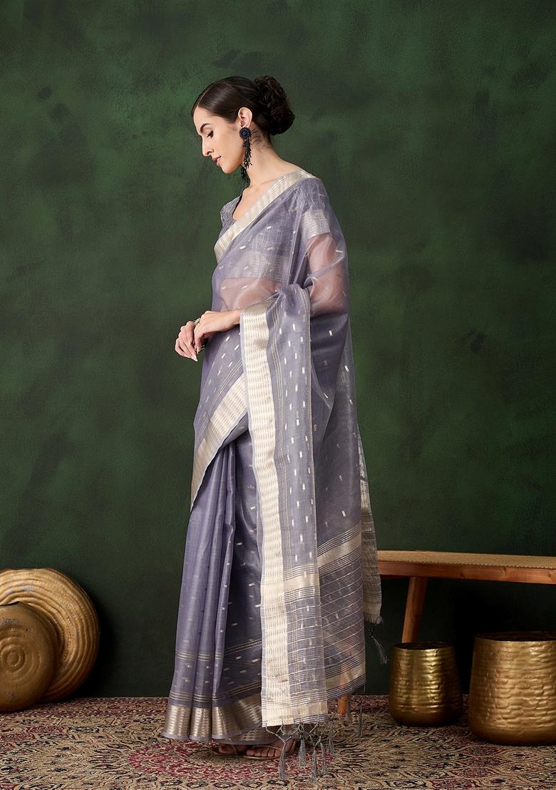 Grey Woven Organza Saree Set