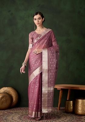Mauve Woven Organza Saree Set
