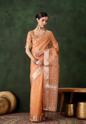 Peach Woven Organza Saree Set