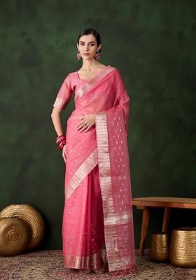 Pink Woven Organza Saree Set