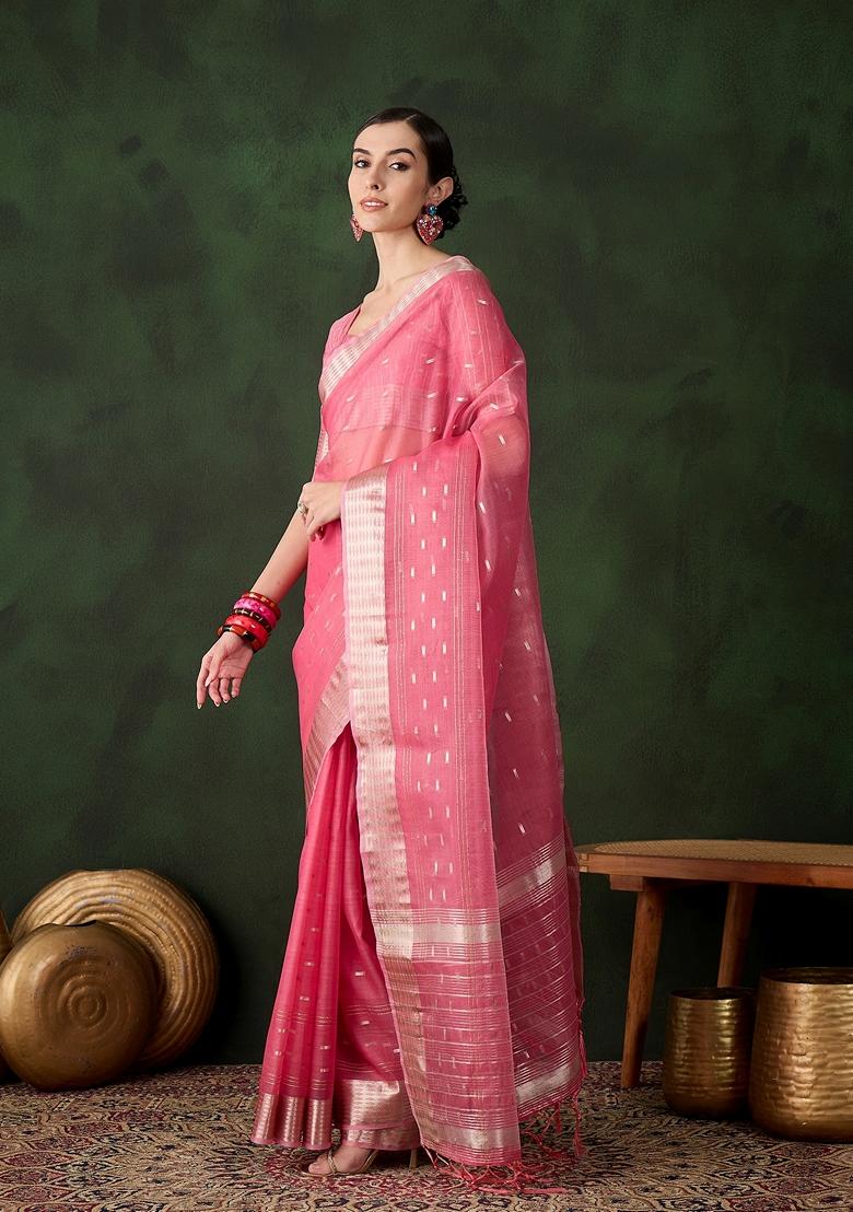 Pink Woven Organza Saree Set