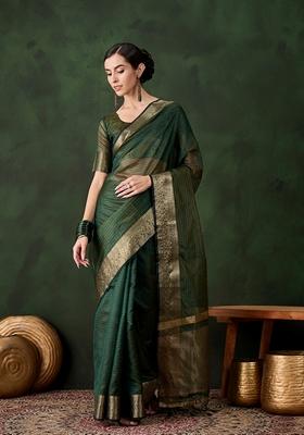 Green Woven Organza Saree Set