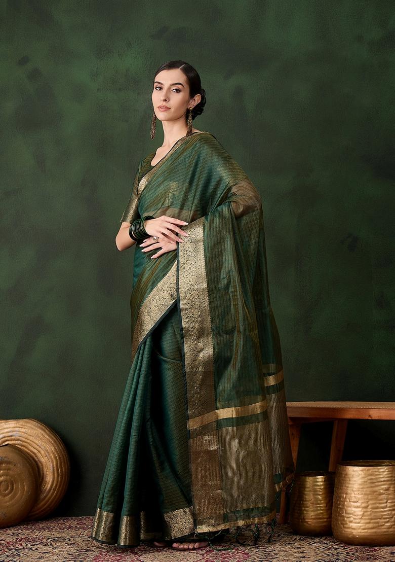 Green Woven Organza Saree Set