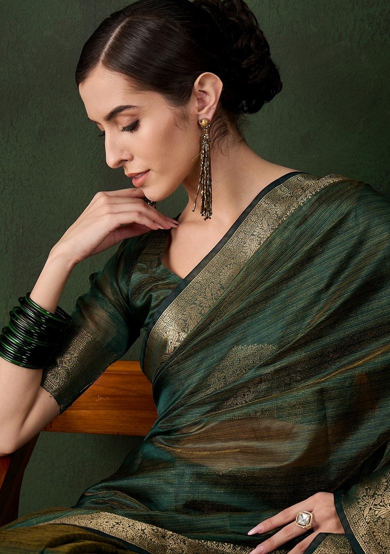 Green Woven Organza Saree Set