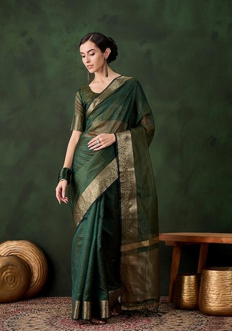 Green Woven Organza Saree Set
