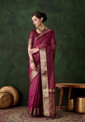 Magenta Woven Organza Saree Set