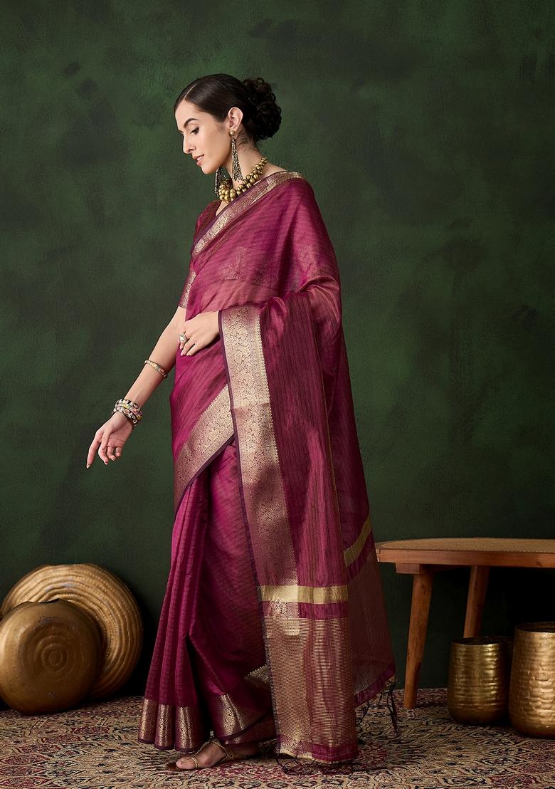 Magenta Woven Organza Saree Set