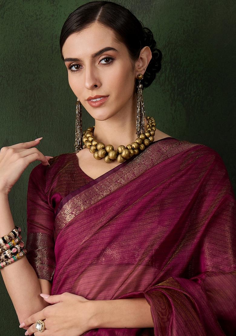 Magenta Woven Organza Saree Set