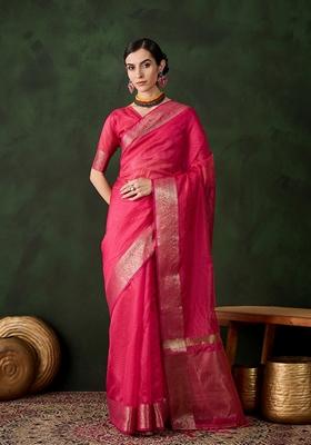 Pink Woven Organza Saree Set