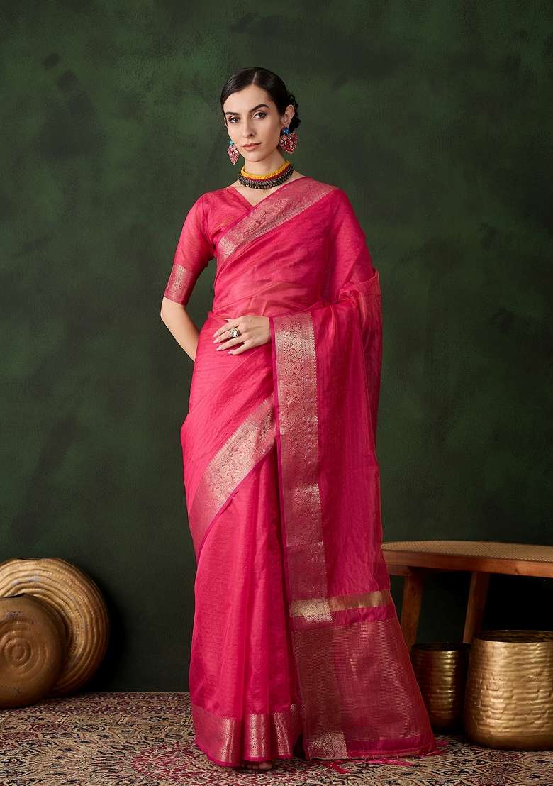 Pink Woven Organza Saree Set - Indya