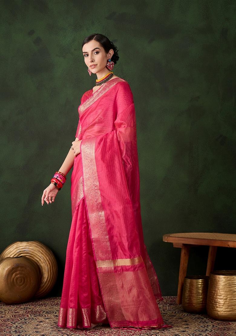 Pink Woven Organza Saree Set