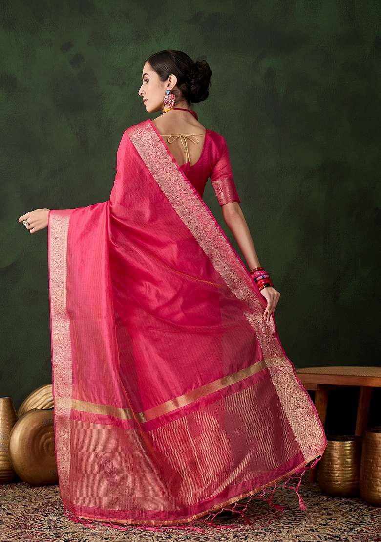 Pink Woven Organza Saree Set - Indya