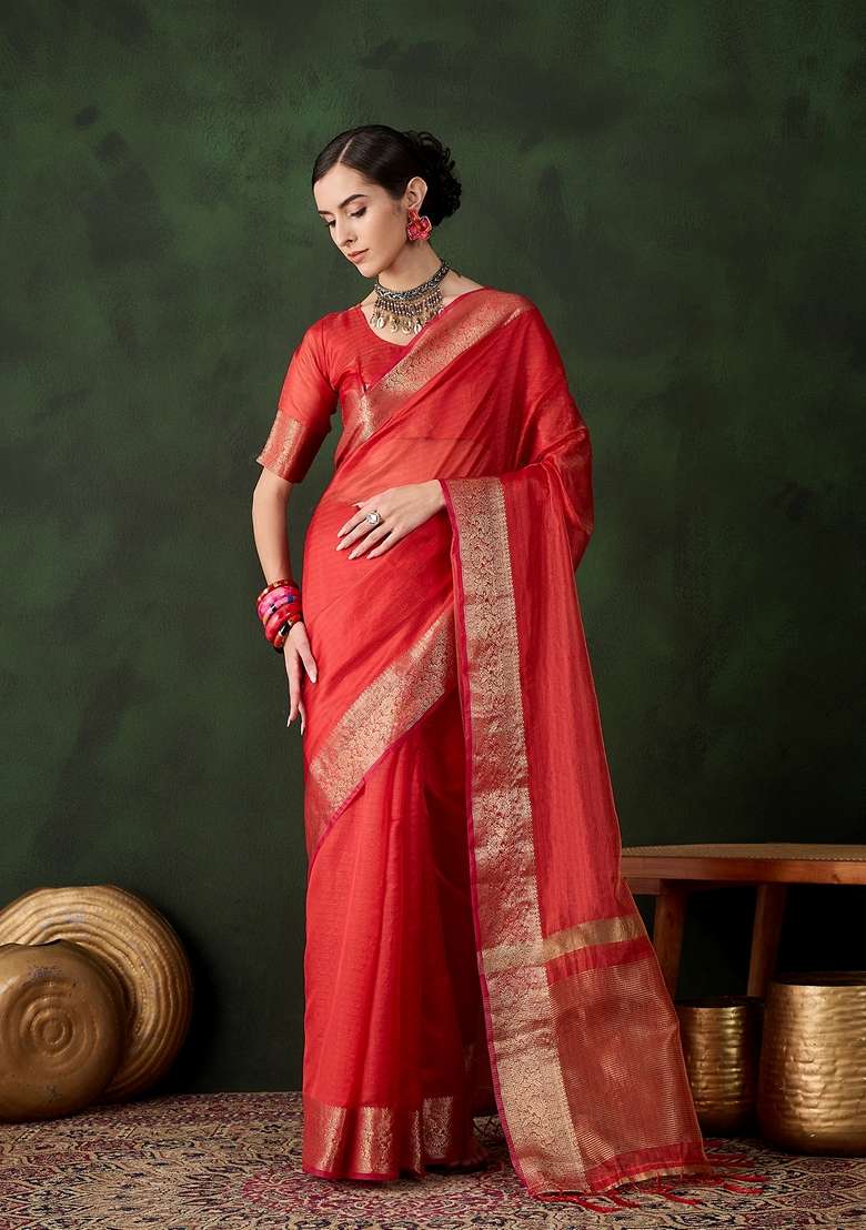 Red Woven Organza Saree Set - Indya
