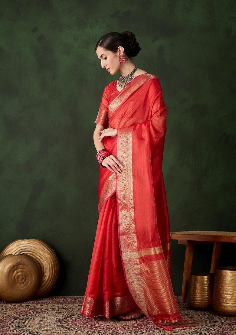 Red Woven Organza Saree Set