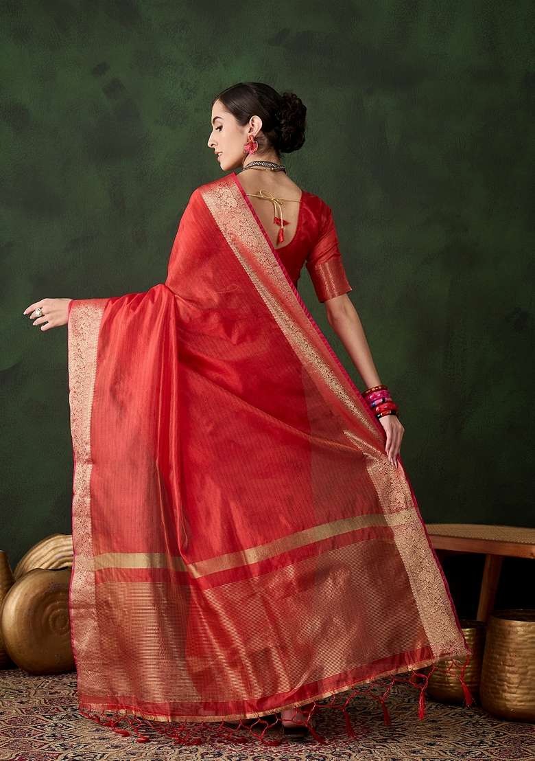 Red Woven Organza Saree Set - Indya