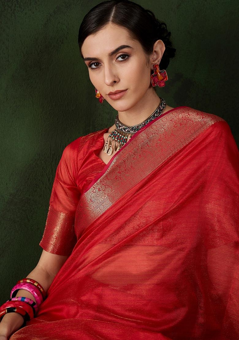 Red Woven Organza Saree Set