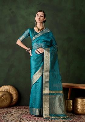 Blue Woven Organza Saree Set
