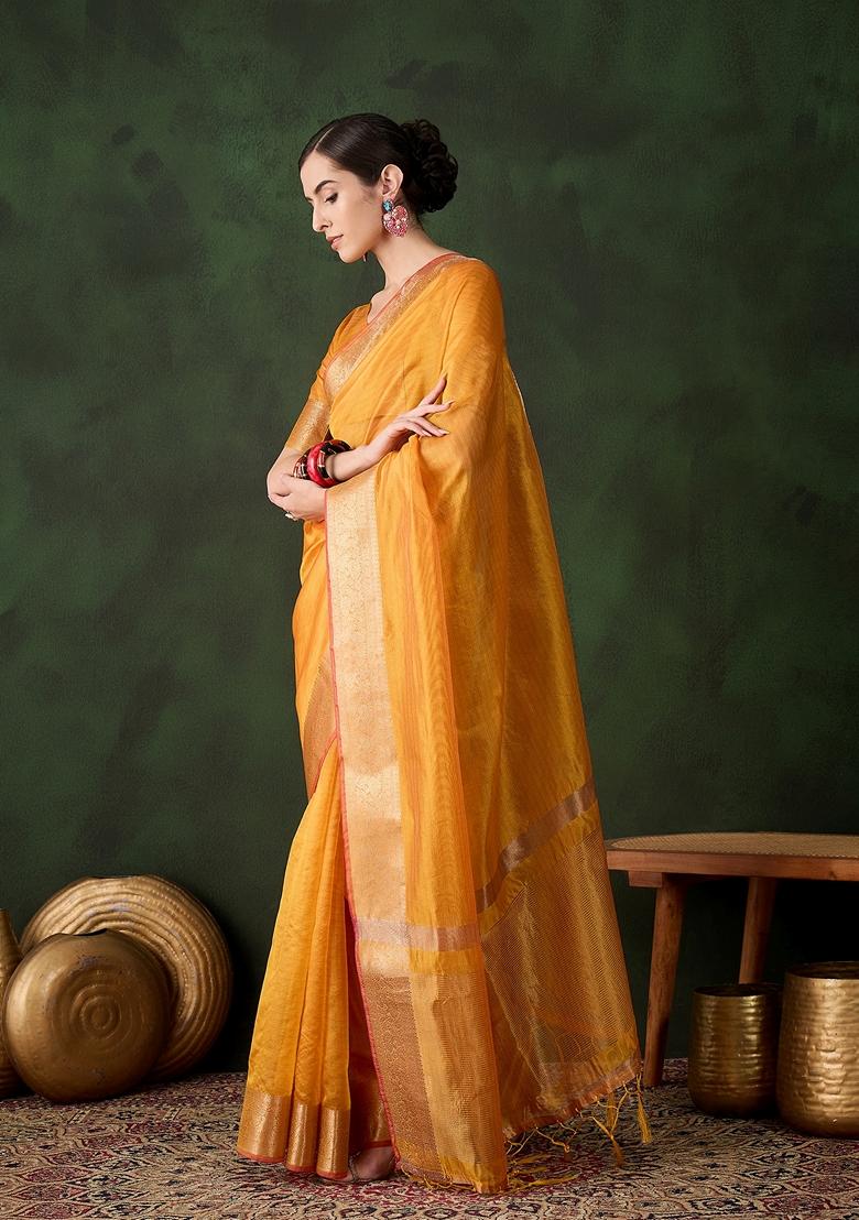Yellow Woven Organza Saree Set