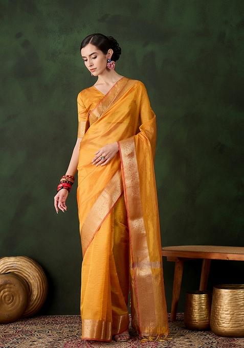 Yellow Woven Organza Saree Set