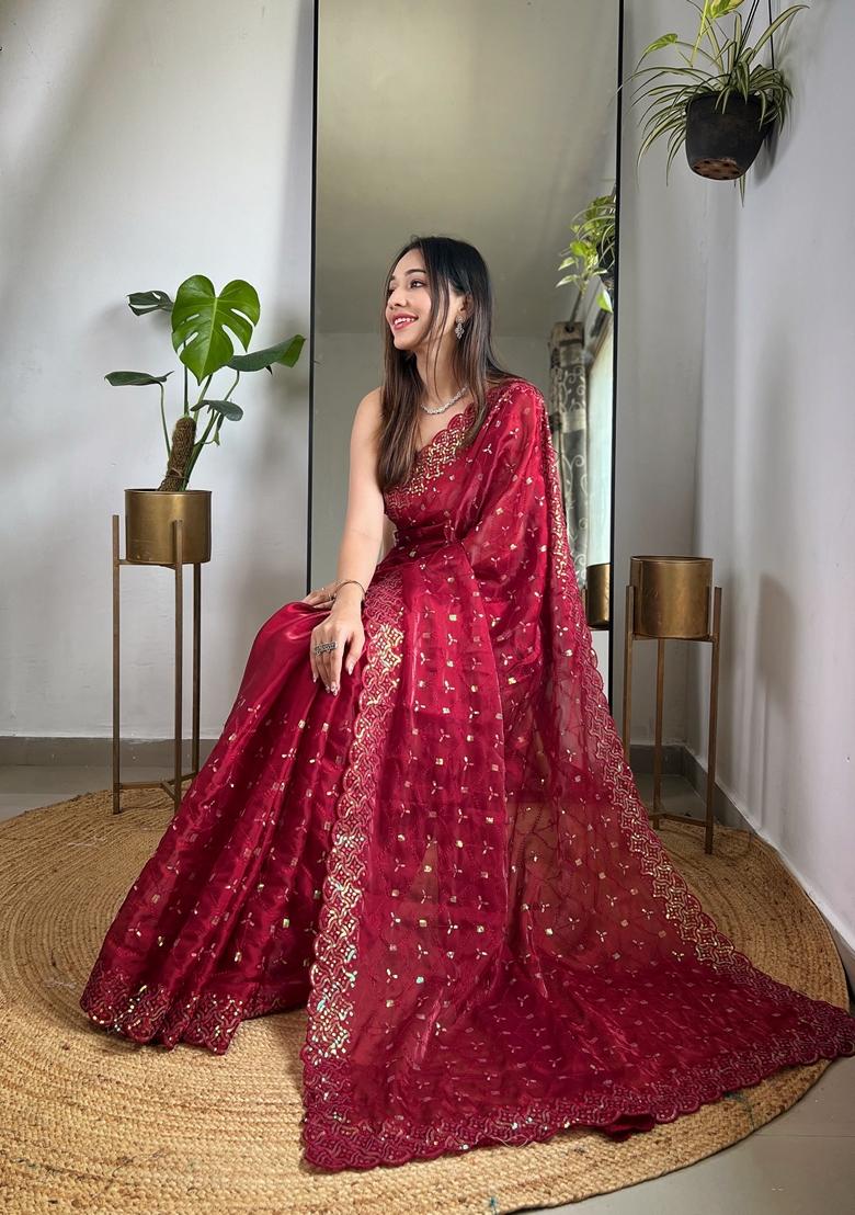 Maroon Embroidered Silk Saree Set