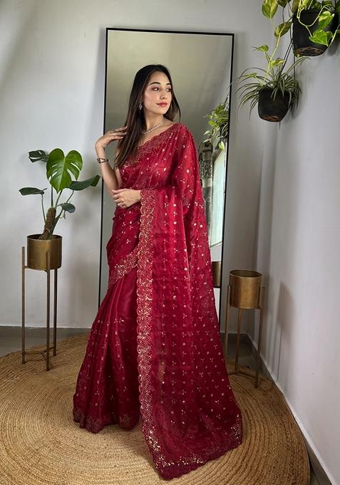 Maroon Embroidered Silk Saree Set