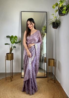 Purple Embroidered Silk Saree Set
