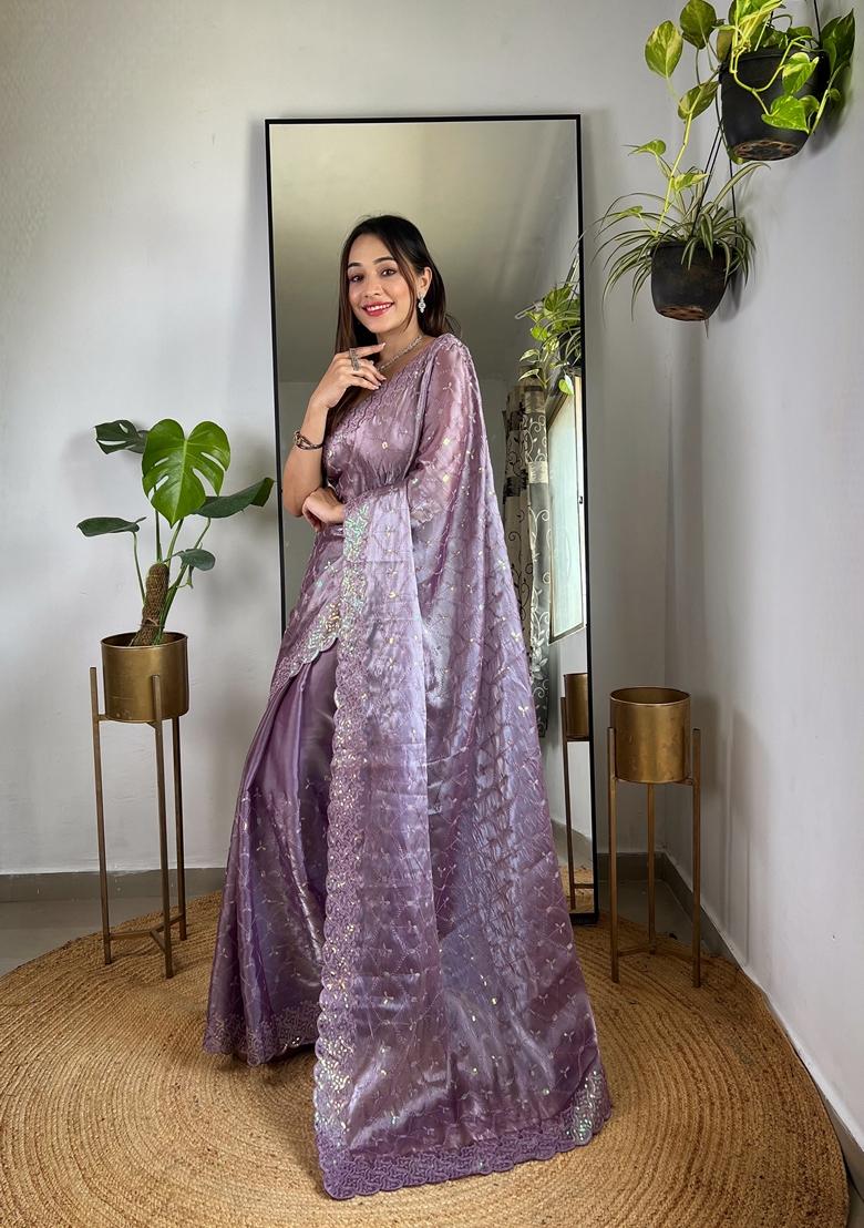 Purple Embroidered Silk Saree Set