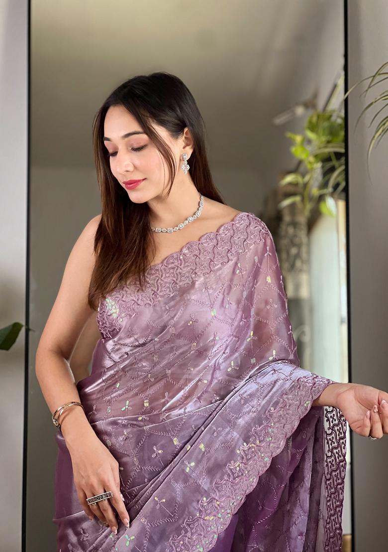 Purple Embroidered Silk Saree Set