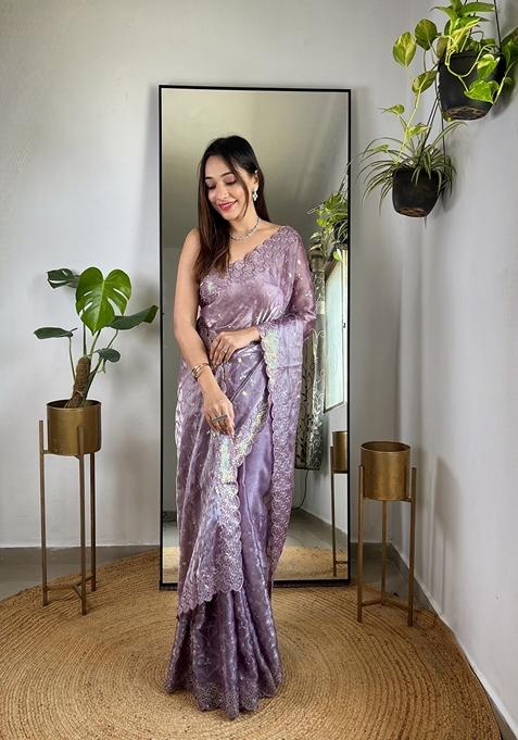 Purple Embroidered Silk Saree Set