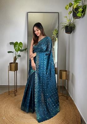 Teal Embroidered Silk Saree Set