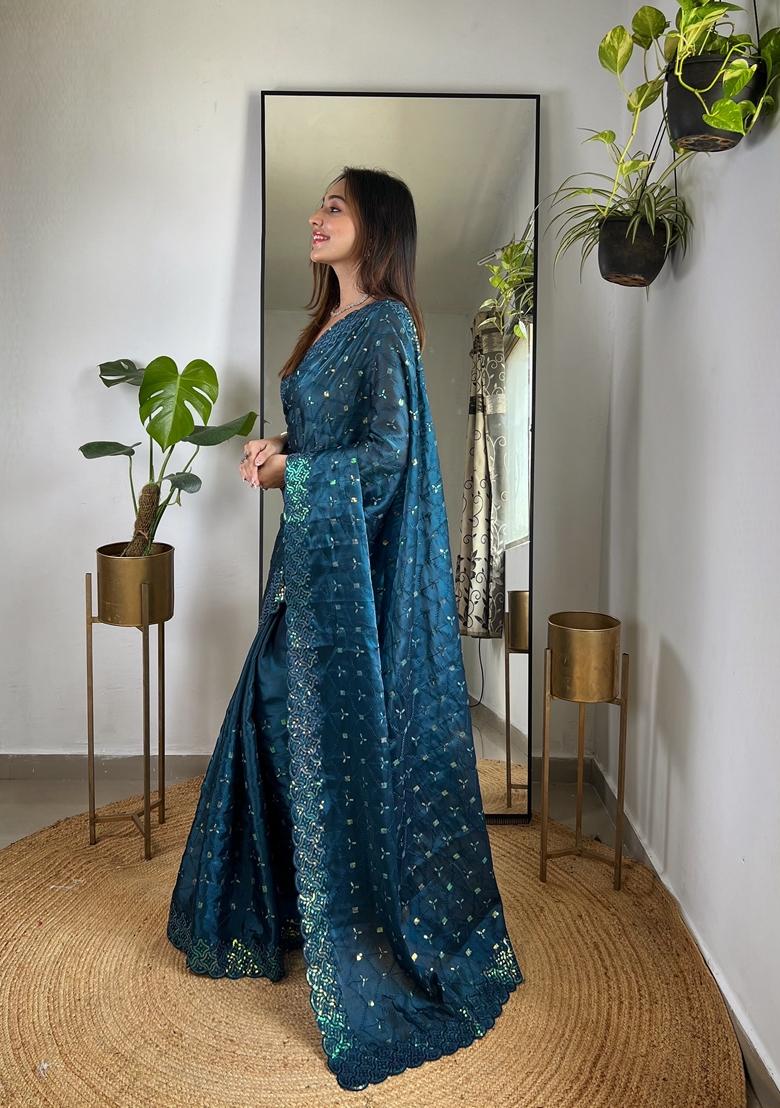 Teal Embroidered Silk Saree Set
