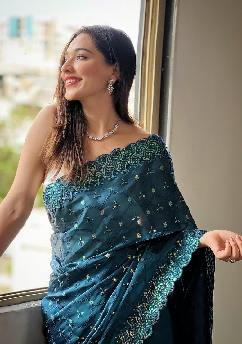 Teal Embroidered Silk Saree Set