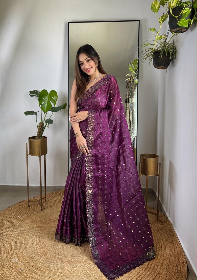 Wine Embroidered Silk Saree Set