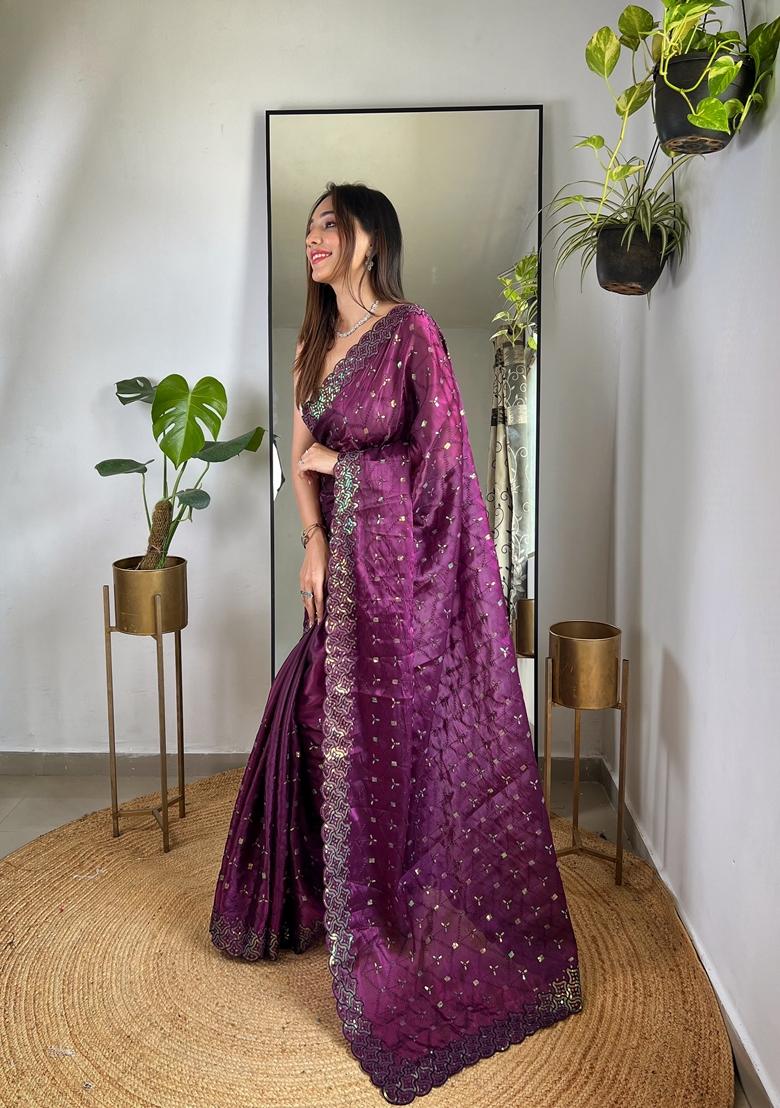 Wine Embroidered Silk Saree Set