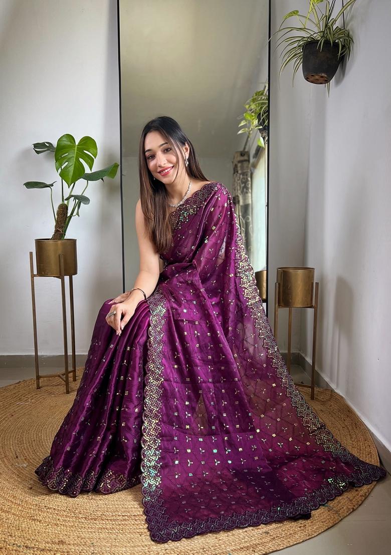 Wine Embroidered Silk Saree Set