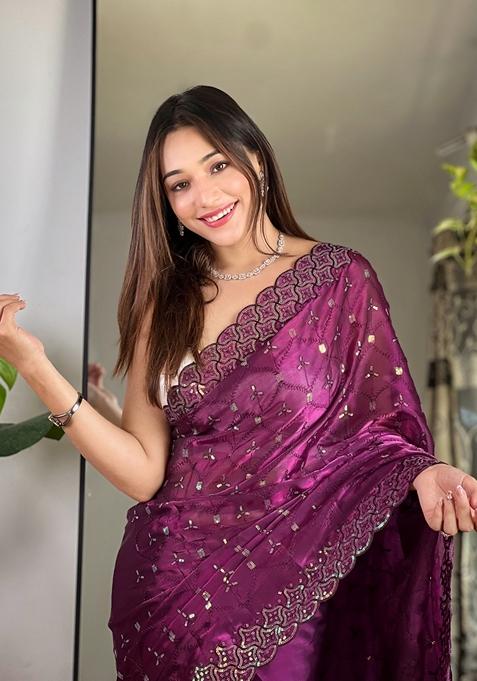 Wine Embroidered Silk Saree Set