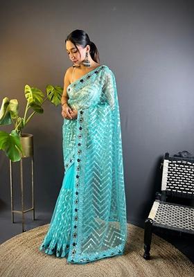 Blue Embroidered Net Saree Set