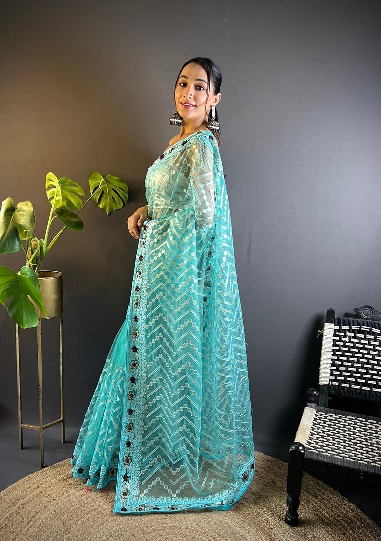 Blue Embroidered Net Saree Set