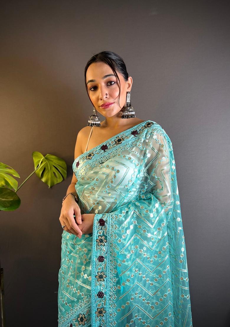 Blue Embroidered Net Saree Set