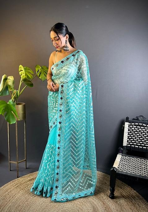 Blue Embroidered Net Saree Set
