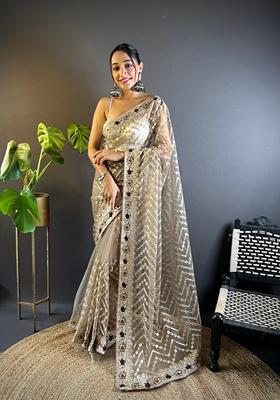 Beige Embroidered Net Saree Set