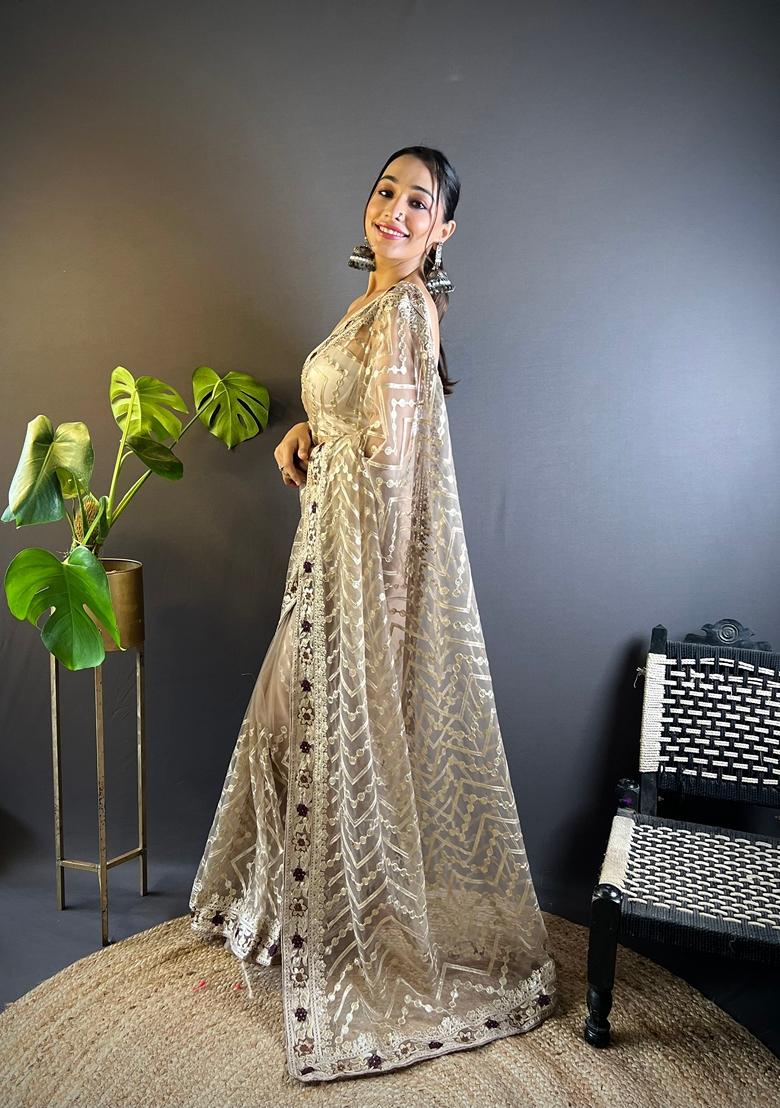 Beige Embroidered Net Saree Set