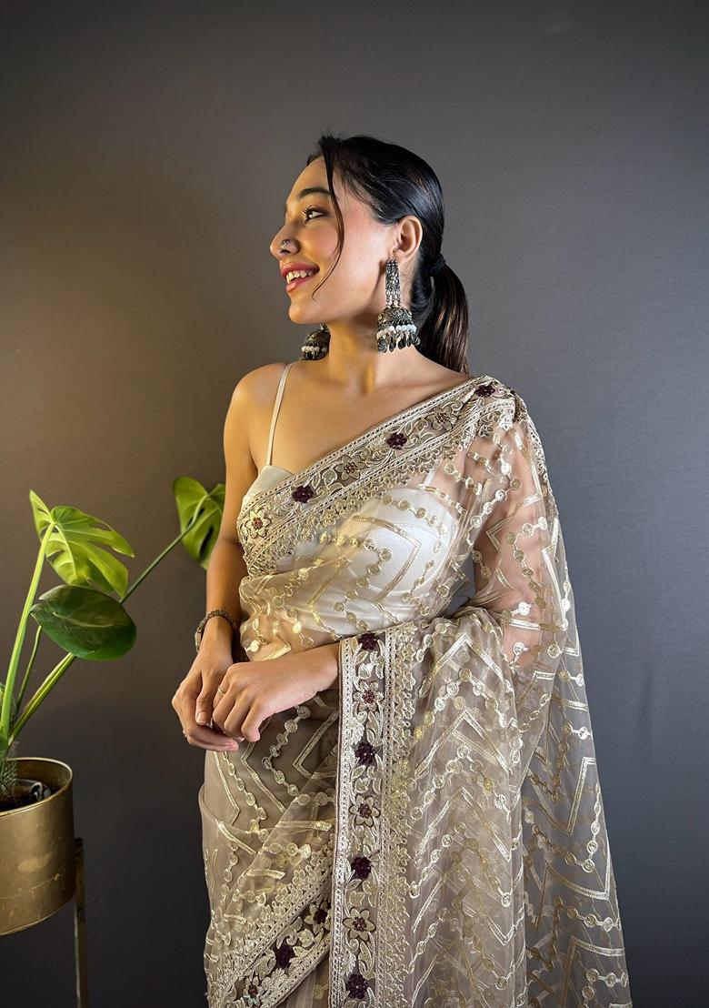 Beige Embroidered Net Saree Set