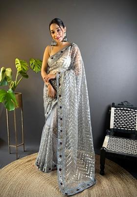 Grey Embroidered Net Saree Set