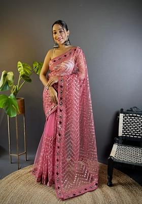 Pink Embroidered Net Saree Set