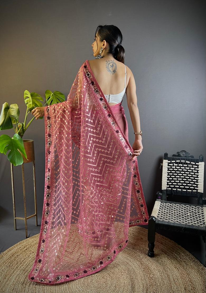 Pink Embroidered Net Saree Set