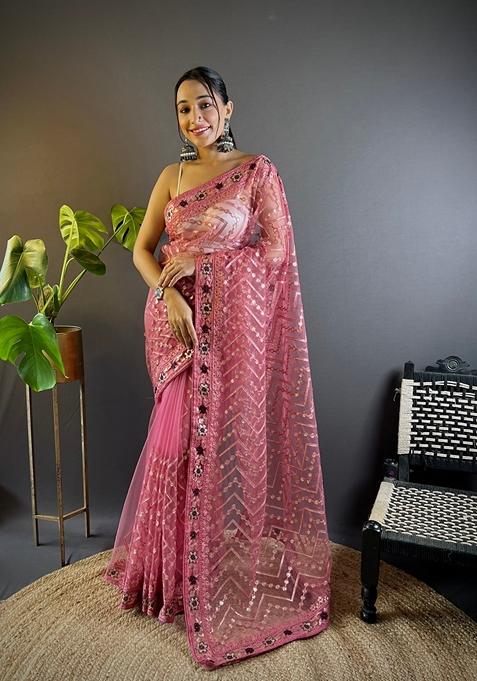 Pink Embroidered Net Saree Set