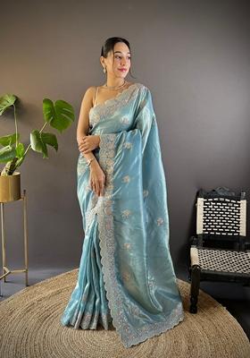 Blue Embroidered Silk Saree Set